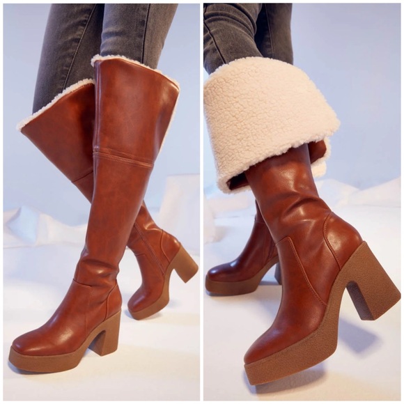 🆕 Block Heeled Boot in Tan Whiskey Brown Russet Sienna Parker Fall Fur Luggage - Picture 4 of 4